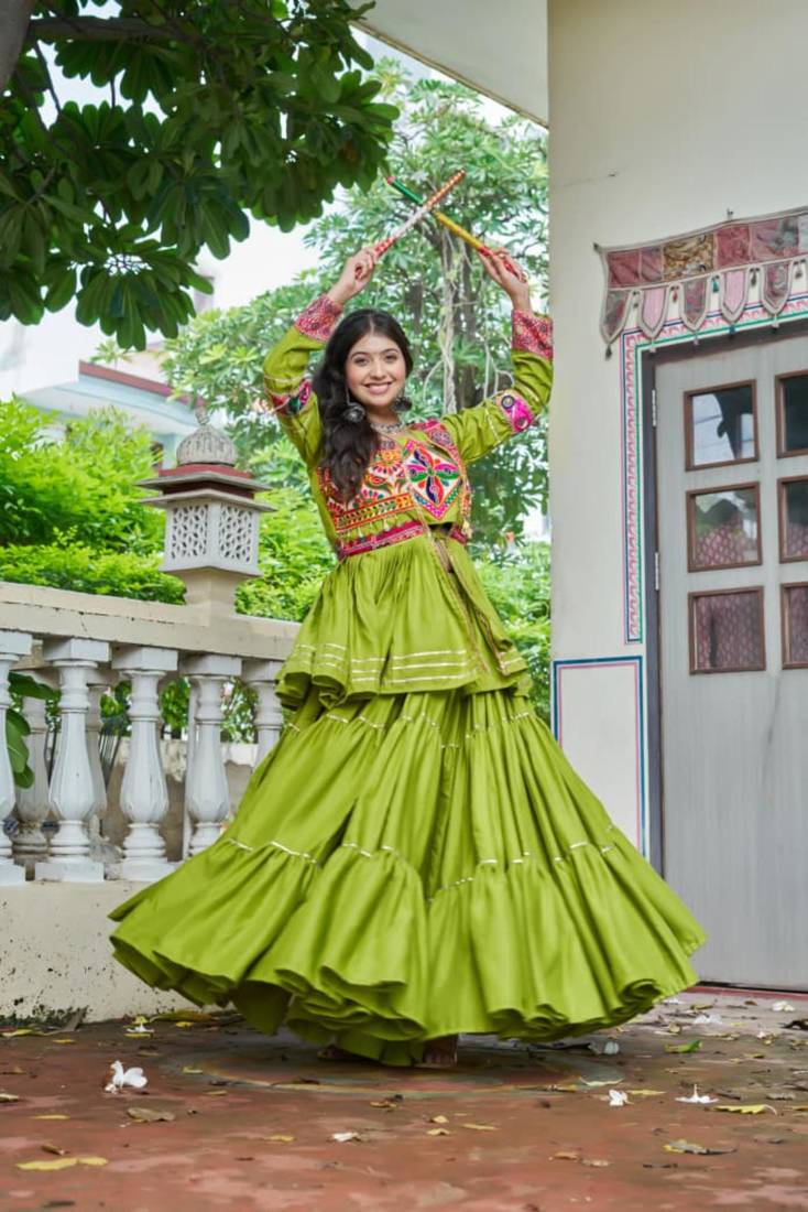 green cotton poly embroidered traditional lehenga choli upto 44