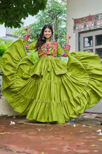 green cotton poly embroidered traditional lehenga choli upto 44
