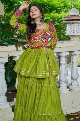 green cotton poly embroidered traditional lehenga choli upto 44