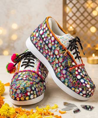 Multicolor printed mirror embroidered artificial leather sneakers 1