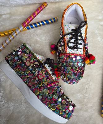Multicolor printed mirror embroidered artificial leather sneakers 2
