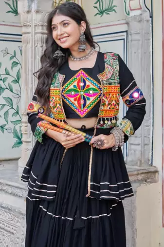 black cotton poly embroidered traditional lehenga choli upto 44