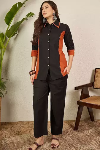 Black and orange  pure cotton collar shirt & trousers co-ords