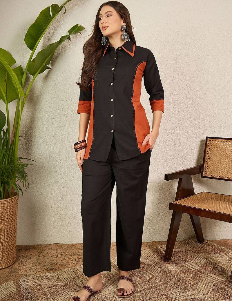 Black and orange  pure cotton collar shirt & trousers co-ords