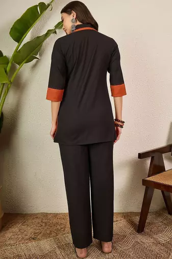 Black and orange  pure cotton collar shirt & trousers co-ords