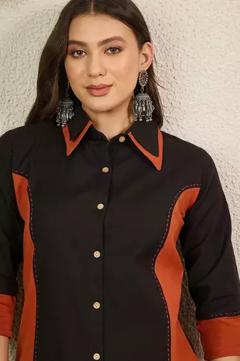 Black and orange  pure cotton collar shirt & trousers co-ords