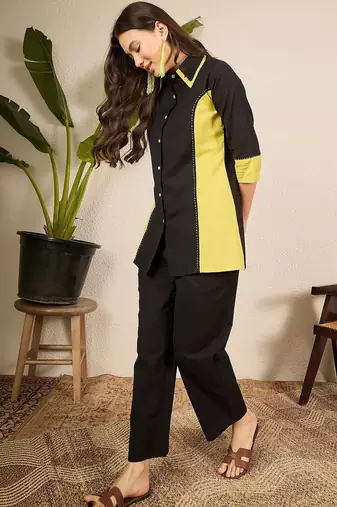 Black and yellow pure cotton collar shirt & trousers co-ords