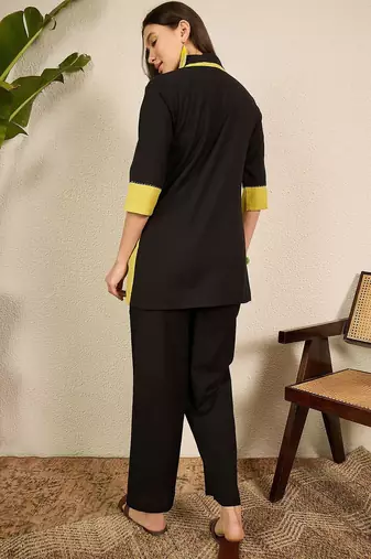 Black and yellow pure cotton collar shirt & trousers co-ords