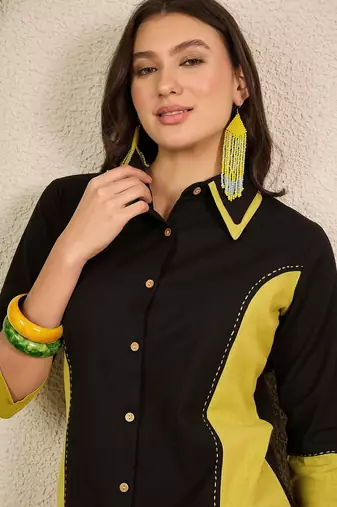 Black and yellow pure cotton collar shirt & trousers co-ords