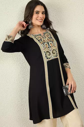 Black color women embroidered thread work kurta in viscose