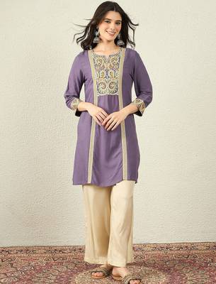 Purple color women embroidered thread work kurta in viscose 1