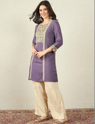 Purple color women embroidered thread work kurta in viscose 2
