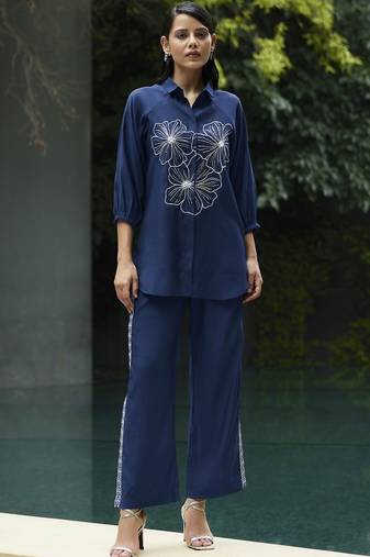 Dark blue silk blend embroidered co-ords.