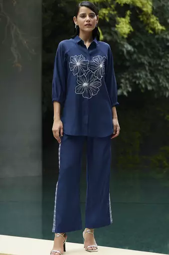 Dark blue silk blend embroidered co-ords.