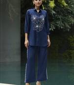 Dark blue silk blend embroidered co-ords.