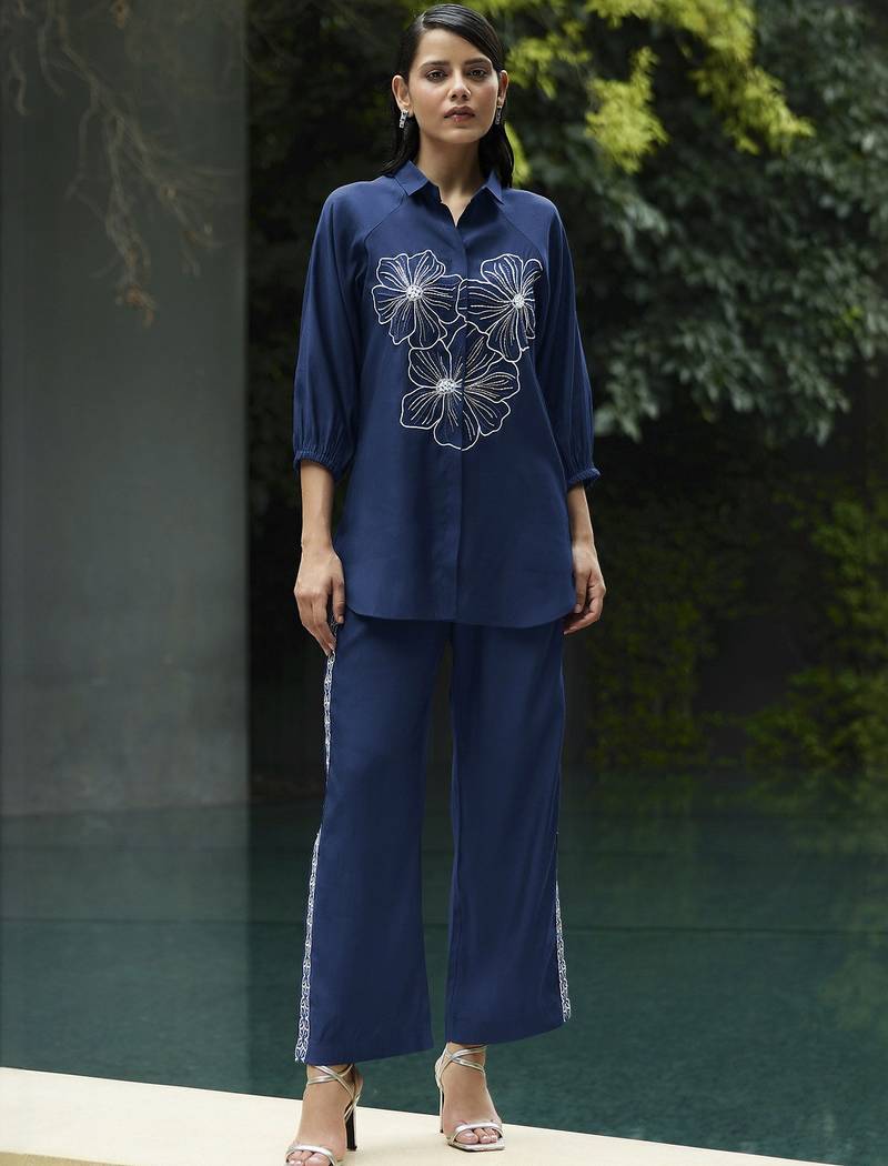 Dark blue silk blend embroidered co-ords.