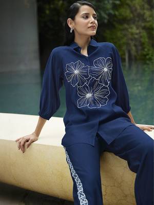 Dark blue silk blend embroidered co-ords. 2