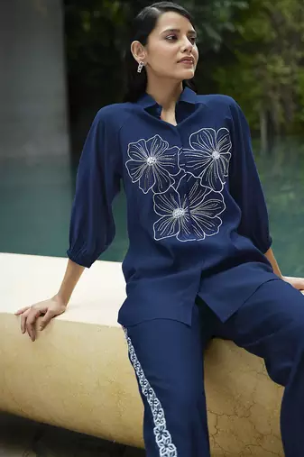 Dark blue silk blend embroidered co-ords.