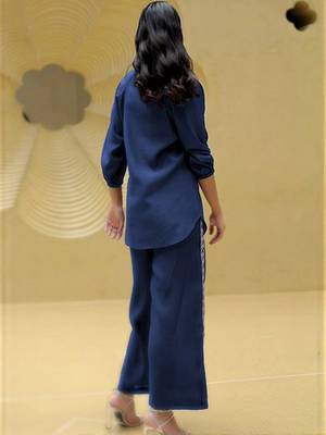 Dark blue silk blend embroidered co-ords. 3