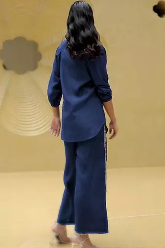 Dark blue silk blend embroidered co-ords.