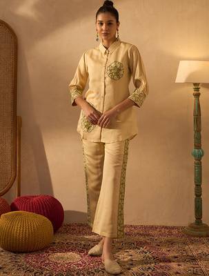 Yellow silk blend floral embroidered thread work embellished puff sleeves shirt with trousers 1