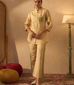 Yellow silk blend floral embroidered thread work embellished puff sleeves shirt with trousers