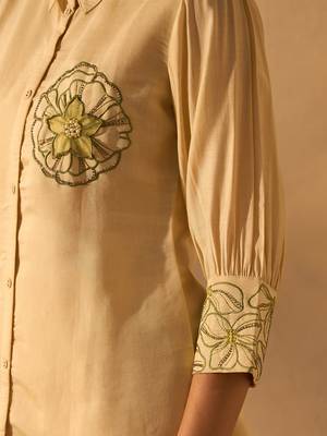 Yellow silk blend floral embroidered thread work embellished puff sleeves shirt with trousers 2