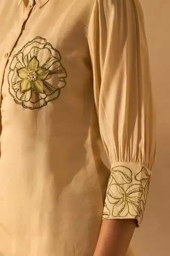 Yellow silk blend floral embroidered thread work embellished puff sleeves shirt with trousers