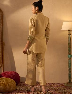 Yellow silk blend floral embroidered thread work embellished puff sleeves shirt with trousers 3