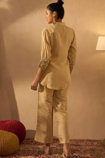 Yellow silk blend floral embroidered thread work embellished puff sleeves shirt with trousers