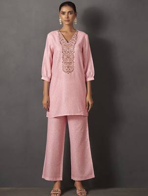 Pink embroidered v neck top with trousers co-ords 1