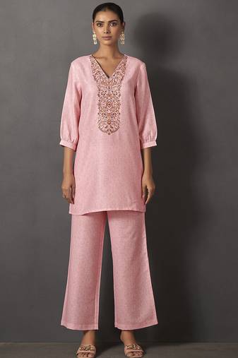 Pink embroidered v neck top with trousers co-ords