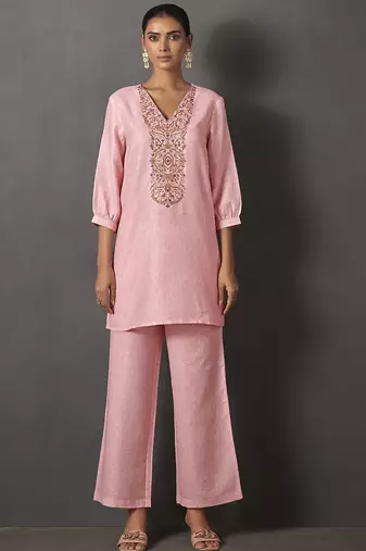 Pink embroidered v neck top with trousers co-ords
