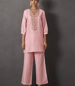 Pink embroidered v neck top with trousers co-ords