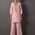 Pink embroidered v neck top with trousers co-ords