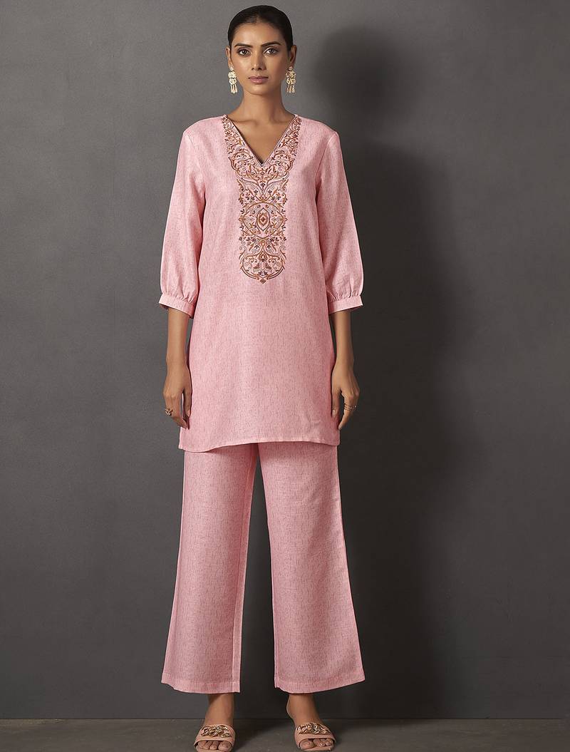 Pink embroidered v neck top with trousers co-ords