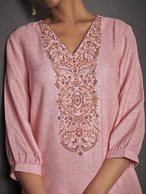 Pink embroidered v neck top with trousers co-ords 2