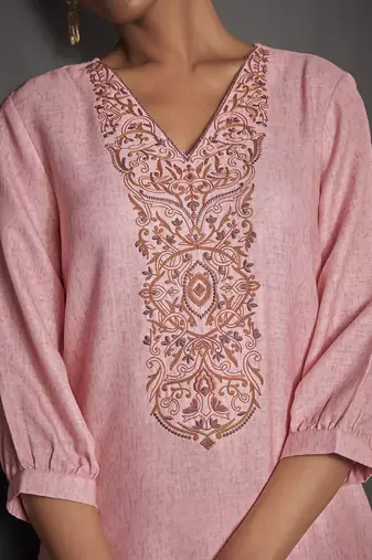Pink embroidered v neck top with trousers co-ords