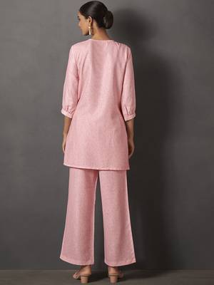 Pink embroidered v neck top with trousers co-ords 3