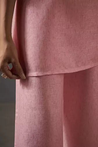 Pink embroidered v neck top with trousers co-ords