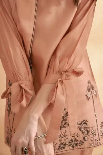 Peach pink embroidered tunic with trouser co-ords
