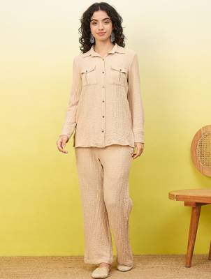 beige self-designed collar shirt with trousers co-ords 1