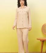 beige self-designed collar shirt with trousers co-ords