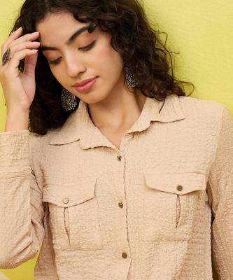 beige self-designed collar shirt with trousers co-ords 2