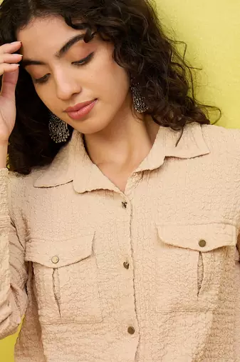 beige self-designed collar shirt with trousers co-ords