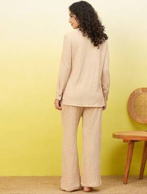 beige self-designed collar shirt with trousers co-ords 3