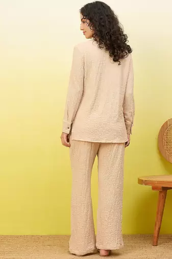 beige self-designed collar shirt with trousers co-ords
