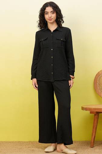 black self-designed collar shirt with trousers co-ords