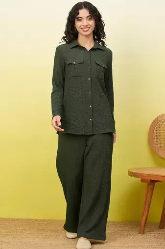 green self-designed collar shirt with trousers co-ords