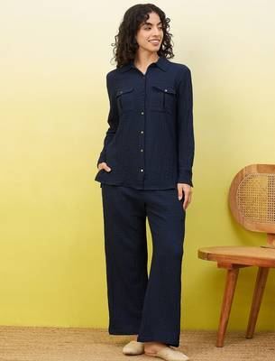 Blue self-designed collar shirt with trousers co-ords 1